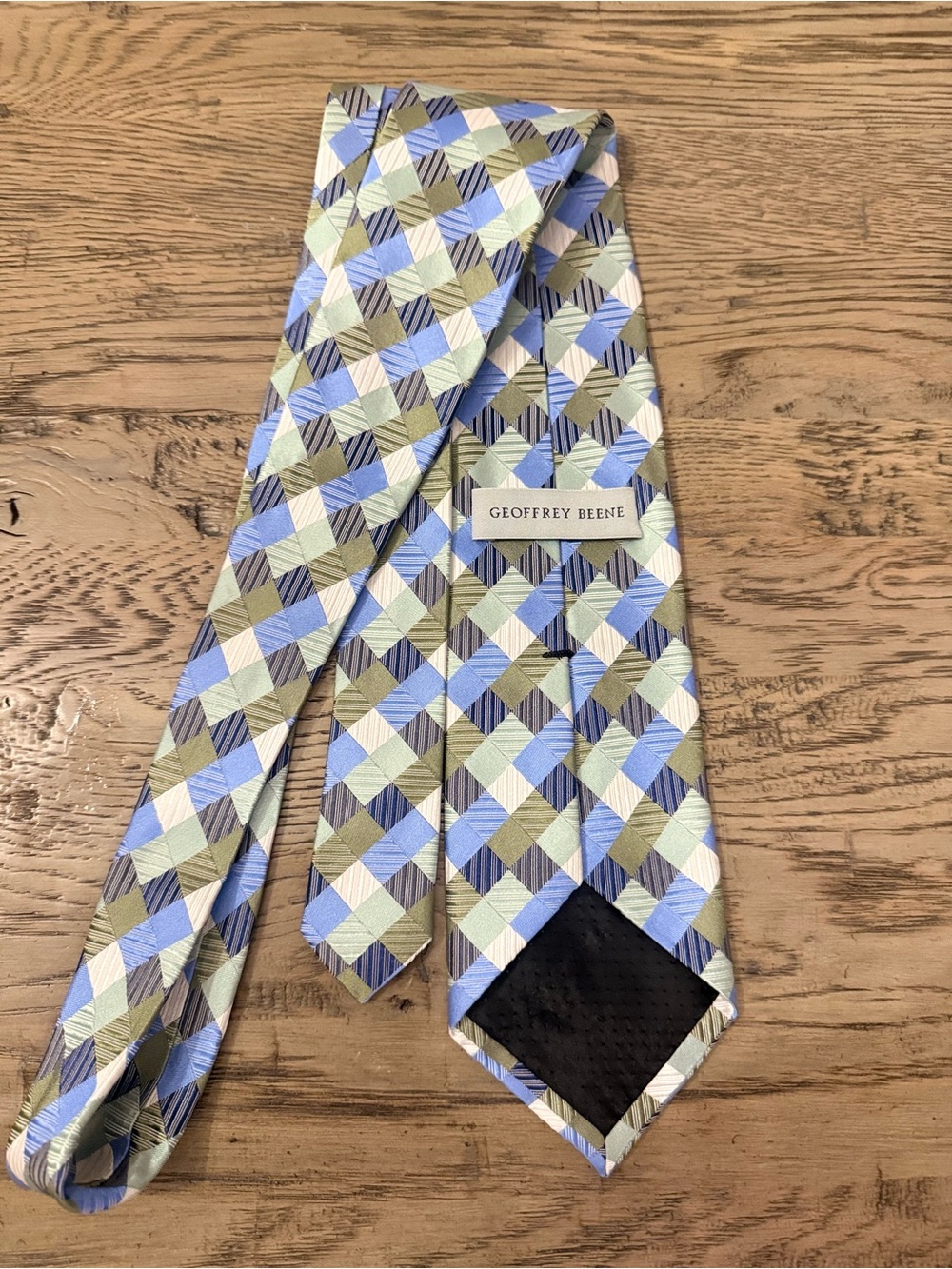 Geoffrey Beene Blue, Light Green and Cream Geometric Silk Tie